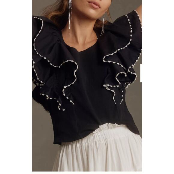 Anthropologie Oversized Ruffles Top Black Sleeveless Womens Size XS NWT - Picture 1 of 6